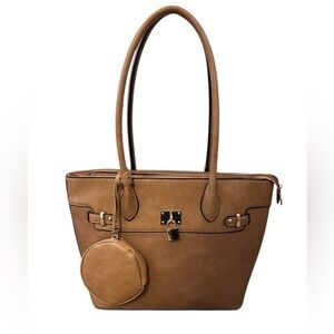 Tan faux leather shoulder Bag w/ detachable round bag.
